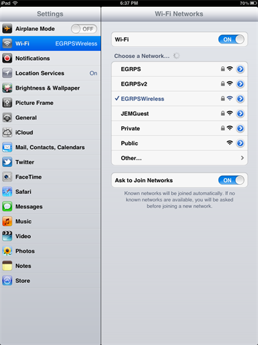 WiFi Networks Settings window for iOS